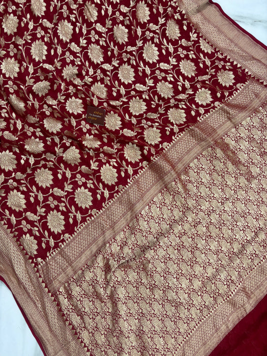 Maroon Khaddi Georgette Banarasi Handloom Saree - Water Zari