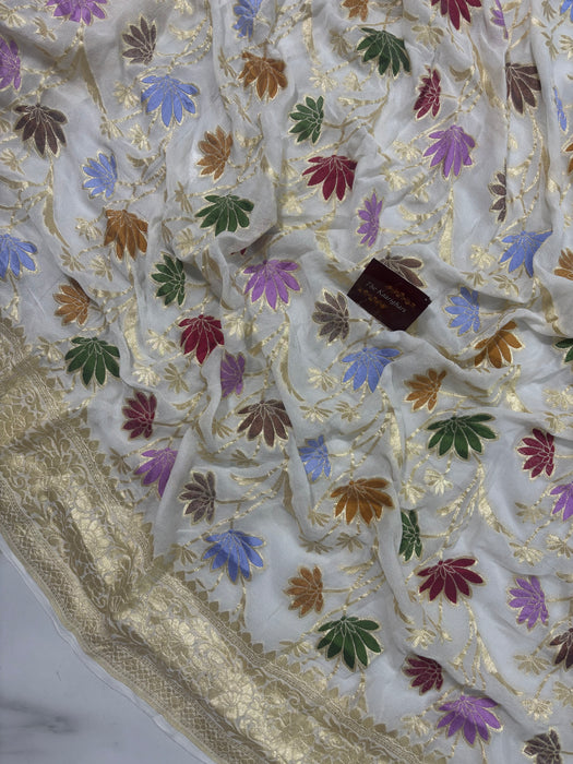 White Khaddi Georgette Banarasi Handloom Saree - Meenakari
