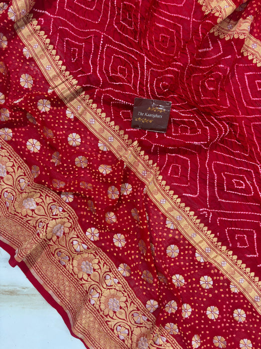 Handwoven Red Pure Georgette Bandhani Banarasi Saree - All over Bandhani Work