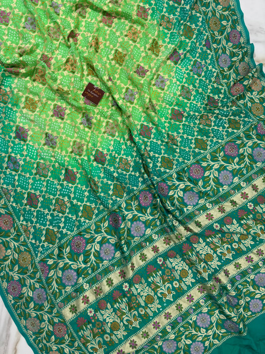 Handwoven Pure Georgette Bandhani Banarasi Saree - Meenakari
