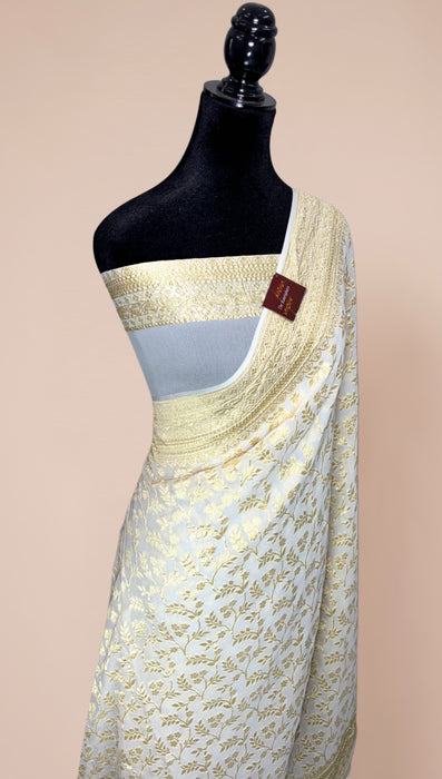 White Khaddi Georgette Banarasi Handloom Saree - Water Zari