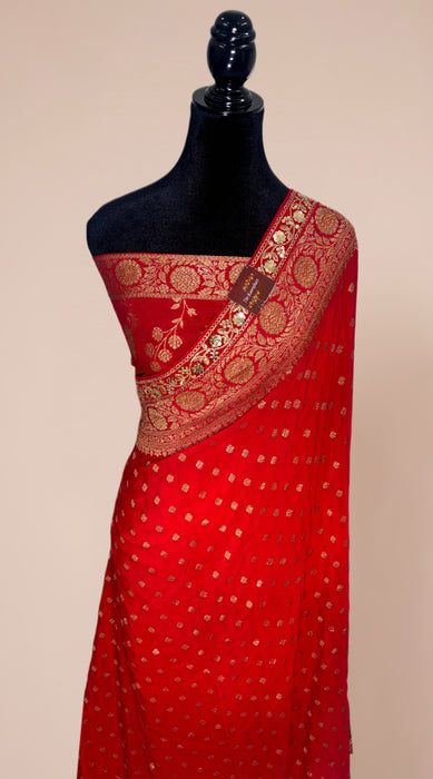 Blood Red Pure Khaddi Crepe Banarasi Handloom Saree - Designer Bordee