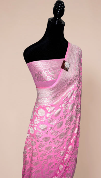Pink Khaddi Georgette Banarasi Handloom Saree - Silver Zari