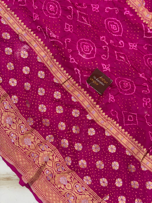 Handwoven Rani Pure Georgette Bandhani Banarasi Saree - All over Bandhani Work