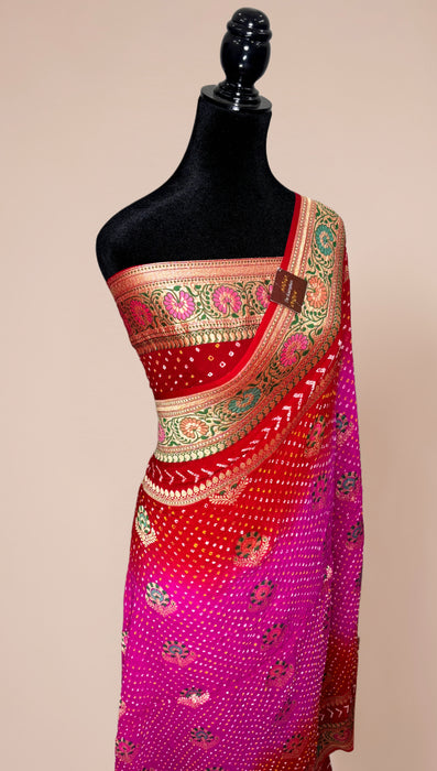 Handwoven Pure Georgette Bandhani Banarasi Saree - Meenakari