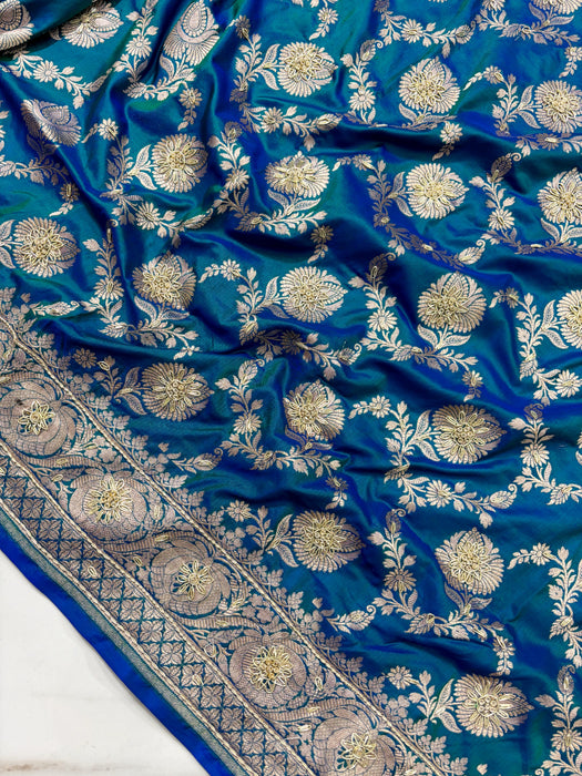 German Blue Pure Katan Banarasi Handloom Saree - All over Zardozi