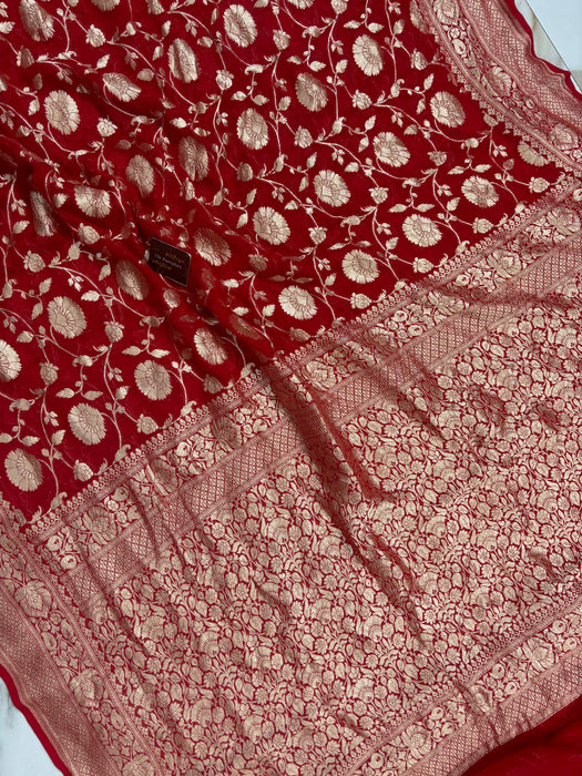 Red Khaddi Georgette Banarasi Handloom Saree - Water Zari