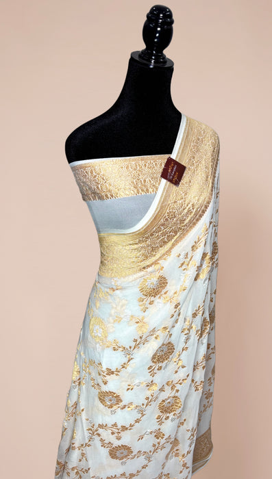 White Khaddi Georgette Banarasi Handloom Saree - Sona Roopa