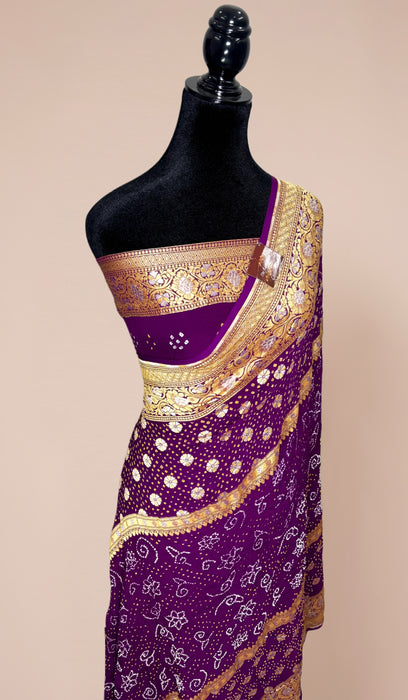 Handwoven Wine Pure Georgette Bandhani Banarasi Saree - All over Bandhani Work
