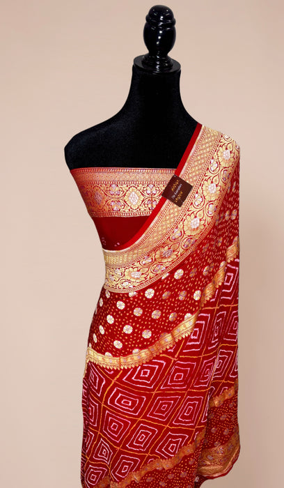 Handwoven Red Pure Georgette Bandhani Banarasi Saree - All over Bandhani Work