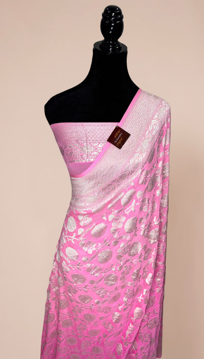 Pink Khaddi Georgette Banarasi Handloom Saree - Silver Zari