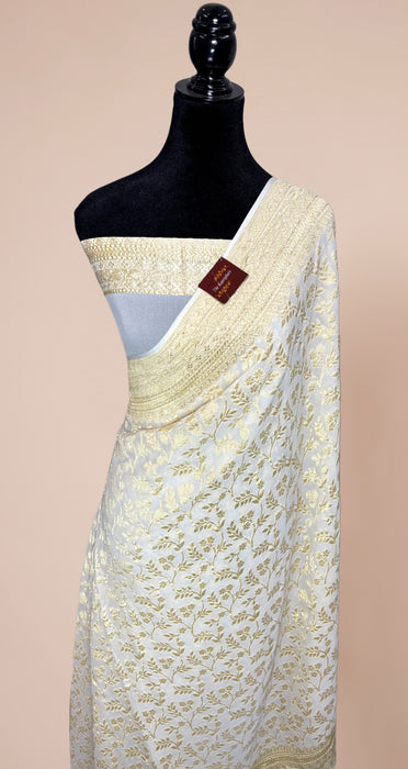 White Khaddi Georgette Banarasi Handloom Saree - Water Zari