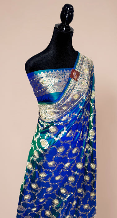 German Blue Pure Katan Banarasi Handloom Saree - All over Zardozi