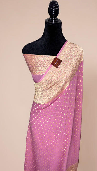 Soft Fuchsia Khaddi Georgette Banarasi Handloom Saree - Water Zari