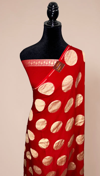 Red Khaddi Georgette Banarasi Handloom Saree - Water Zari