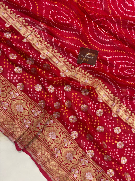 Handwoven Red Pure Georgette Bandhani Banarasi Saree - All over Bandhani Work