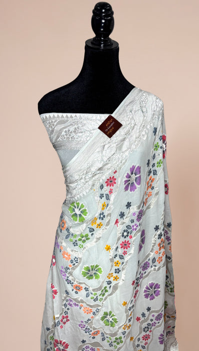White Khaddi Georgette Banarasi Handloom Saree - Meenakari