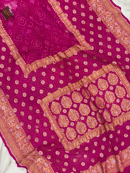 Handwoven Rani Pure Georgette Bandhani Banarasi Saree - All over Bandhani Work