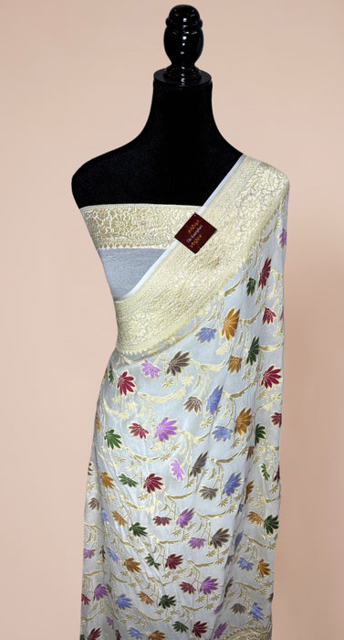 White Khaddi Georgette Banarasi Handloom Saree - Meenakari