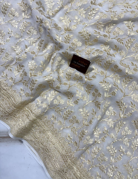 White Khaddi Georgette Banarasi Handloom Saree - Water Zari