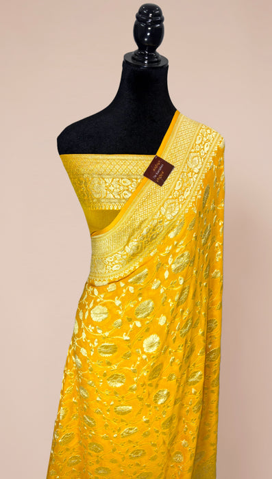 Yellow Khaddi Georgette Banarasi Handloom Saree - Water Zari