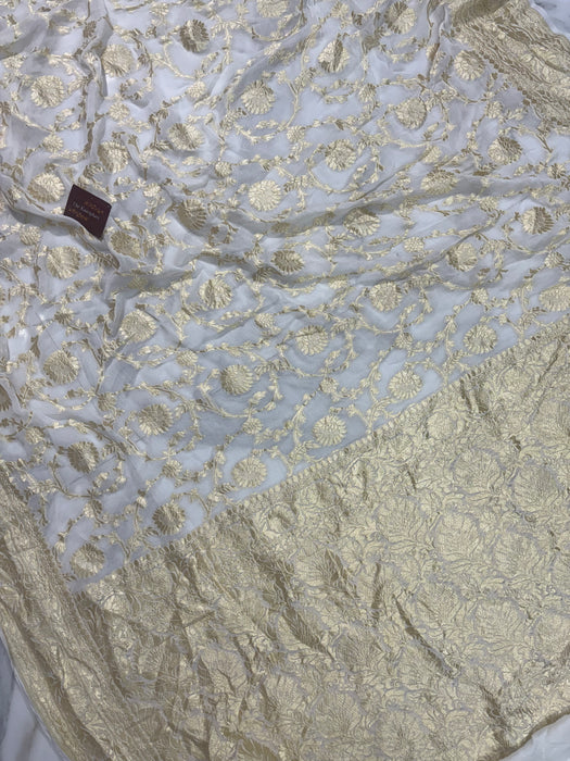 White Khaddi Georgette Banarasi Handloom Saree - Water Zari