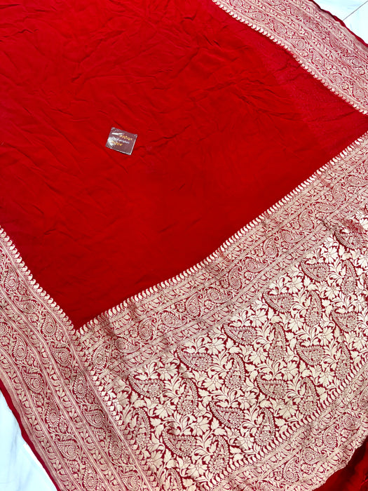 Red Khaddi Georgette Banarasi Handloom Saree - Water Zari