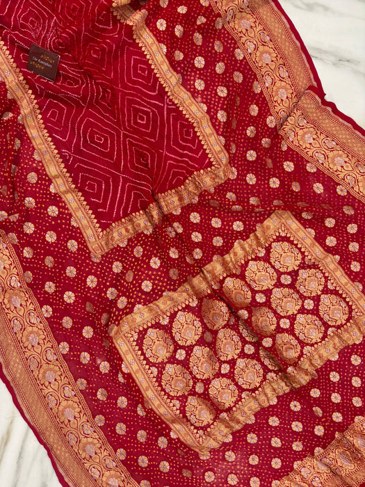 Handwoven Red Pure Georgette Bandhani Banarasi Saree - All over Bandhani Work