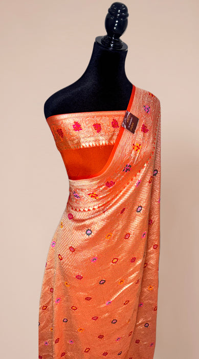 Orange Pure Khaddi Georgette Banarasi Handloom Saree - Brocade