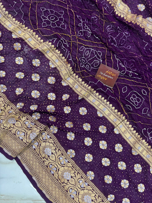 Handwoven Maroon Pure Georgette Bandhani Banarasi Saree - All over Bandhani Work