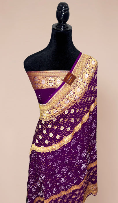 Handwoven Wine Pure Georgette Bandhani Banarasi Saree - All over Bandhani Work
