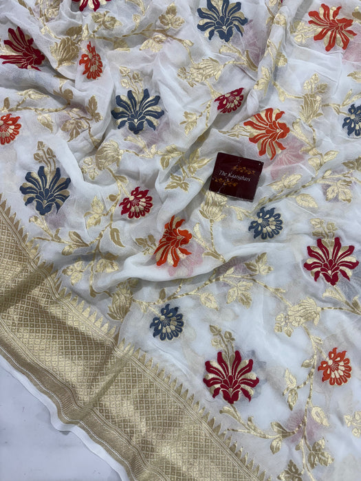 White Khaddi Georgette Banarasi Handloom Saree - Meenakari
