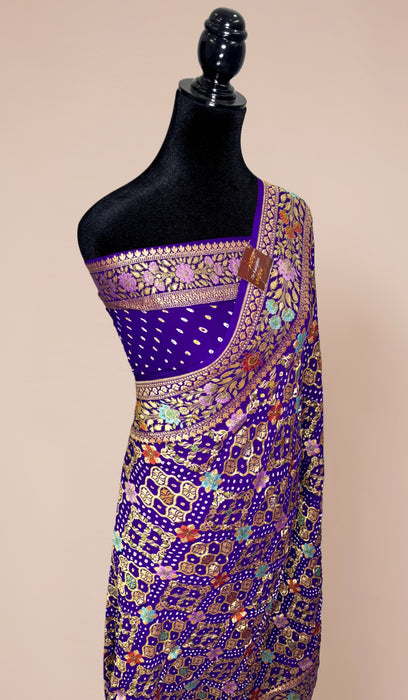 Handwoven Purple Pure Georgette Bandhani Banarasi Saree - Meenakari