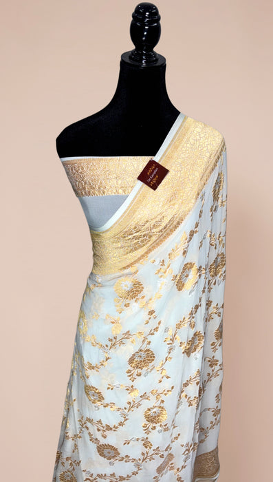 White Khaddi Georgette Banarasi Handloom Saree - Sona Roopa