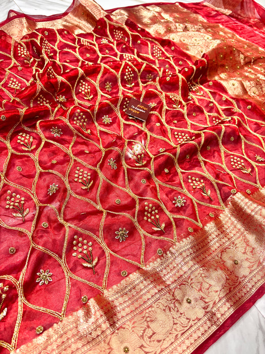 Red Pure Banarasi Tissue Handloom Saree - Handwork