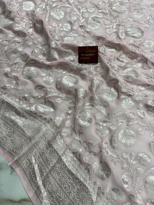 Pure Khaddi Georgette Banarasi Handloom Saree - Silver Zari
