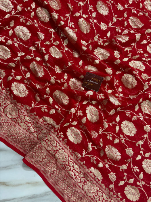 Red Khaddi Georgette Banarasi Handloom Saree - Water Zari