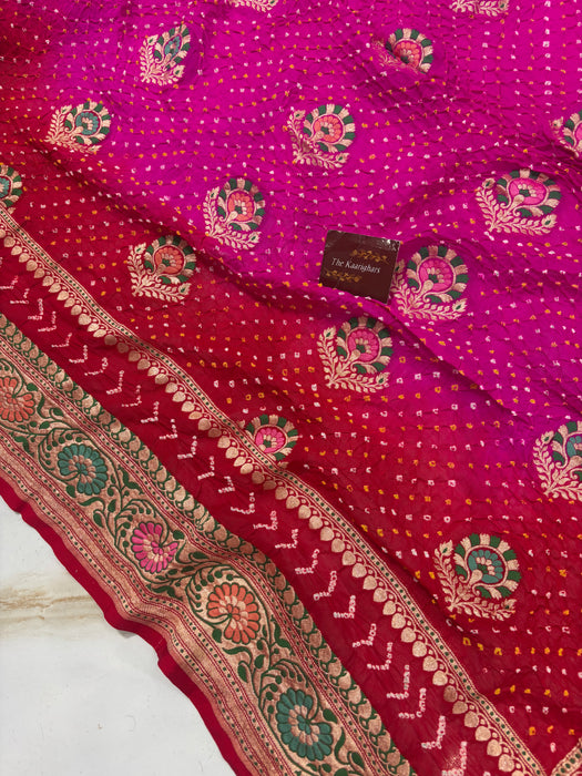Handwoven Pure Georgette Bandhani Banarasi Saree - Meenakari