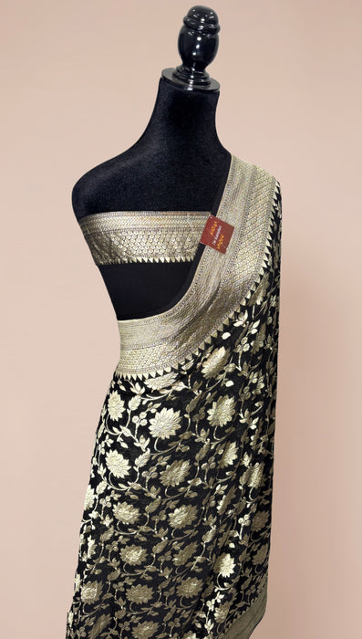 Black Khaddi Georgette Banarasi Handloom Saree - Water Zari