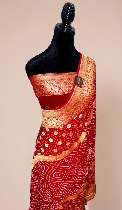 Handwoven Red Pure Georgette Bandhani Banarasi Saree - All over Bandhani Work