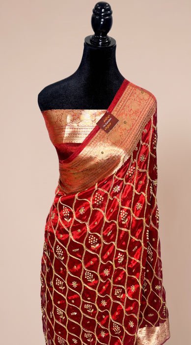Red Pure Banarasi Tissue Handloom Saree - Handwork