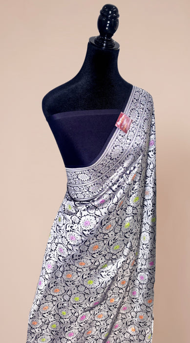 Black Pure Khaddi Georgette Banarasi Handloom Saree - Brocade Meenakari
