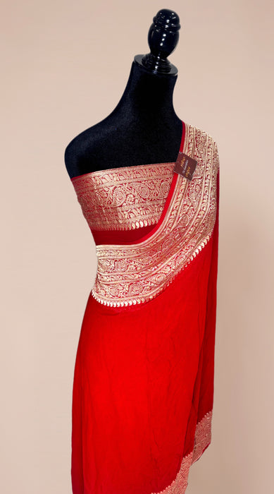 Red Khaddi Georgette Banarasi Handloom Saree - Water Zari