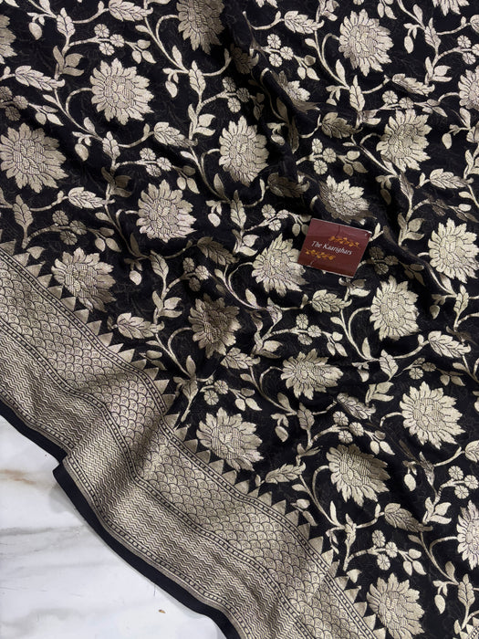 Black Khaddi Georgette Banarasi Handloom Saree - Water Zari