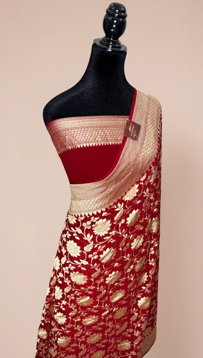 Maroon Khaddi Georgette Banarasi Handloom Saree - Water Zari