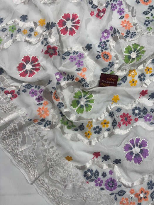 White Khaddi Georgette Banarasi Handloom Saree - Meenakari