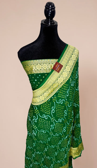 Handwoven Green Pure Georgette Bandhani Banarasi Saree - All over Bandhani Work