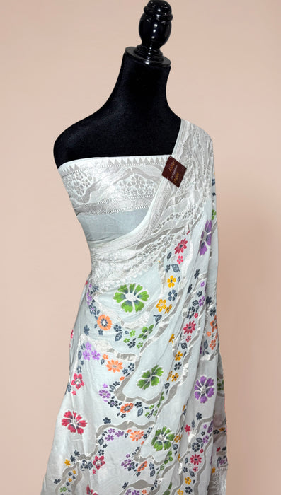 White Khaddi Georgette Banarasi Handloom Saree - Meenakari
