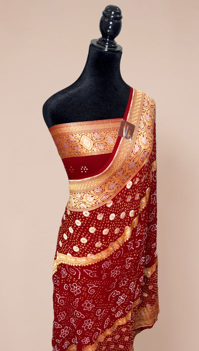 Handwoven Maroon Pure Georgette Bandhani Banarasi Saree - All over Bandhani Work