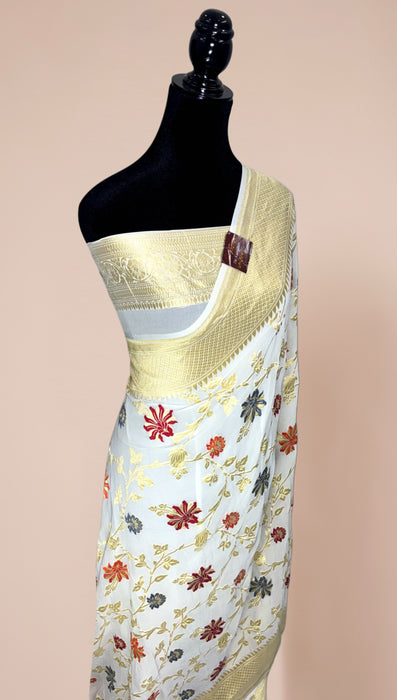 White Khaddi Georgette Banarasi Handloom Saree - Meenakari